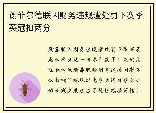 谢菲尔德联因财务违规遭处罚下赛季英冠扣两分 谢菲尔德联因财务违规遭处罚下赛季英冠扣两分