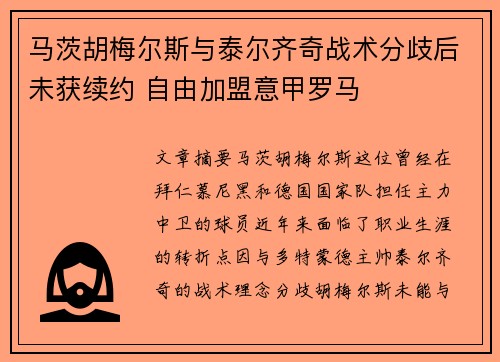 马茨胡梅尔斯与泰尔齐奇战术分歧后未获续约 自由加盟意甲罗马 马茨胡梅尔斯与泰尔齐奇战术分歧后未获续约 自由加盟意甲罗马