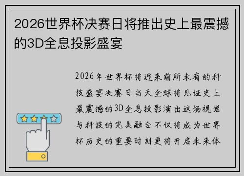 2026世界杯决赛日将推出史上最震撼的3D全息投影盛宴